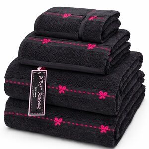 SET OF 4 BETSY  Johnson Black Towels with Pink Bow Details